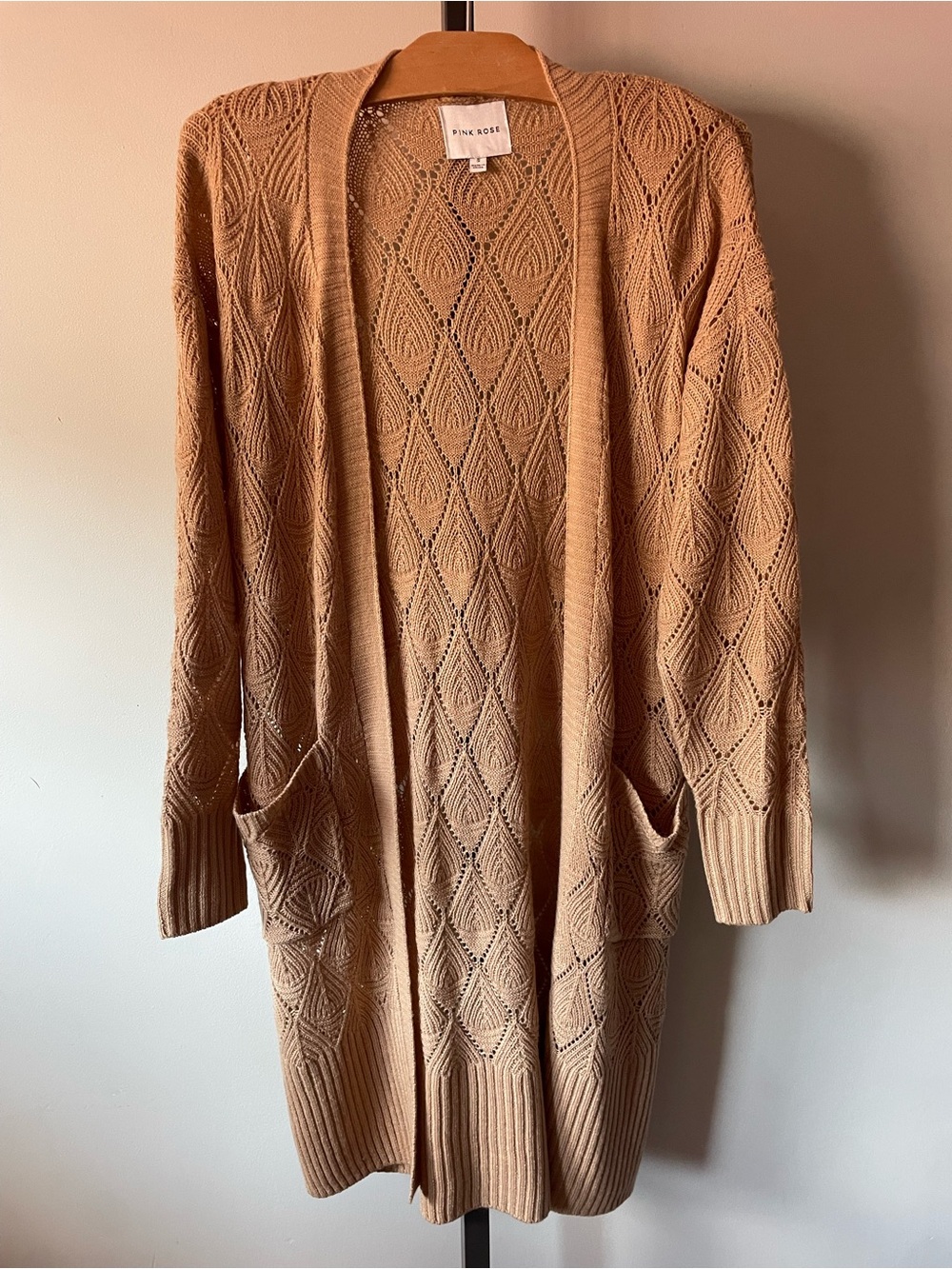 Pink Rose Boho Pointelle Open Front Long Longline Knit Cardigan Duster Small